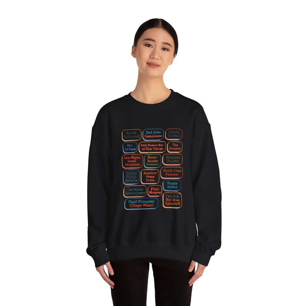 Crewneck Sweatshirt — Retro Name Badge Grid Design Printify