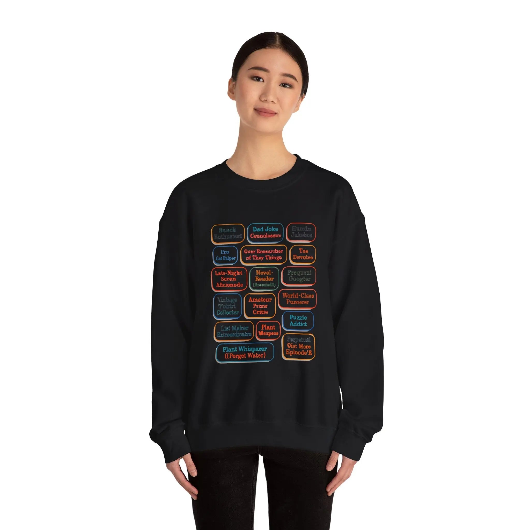 Crewneck Sweatshirt — Retro Name Badge Grid Design Printify