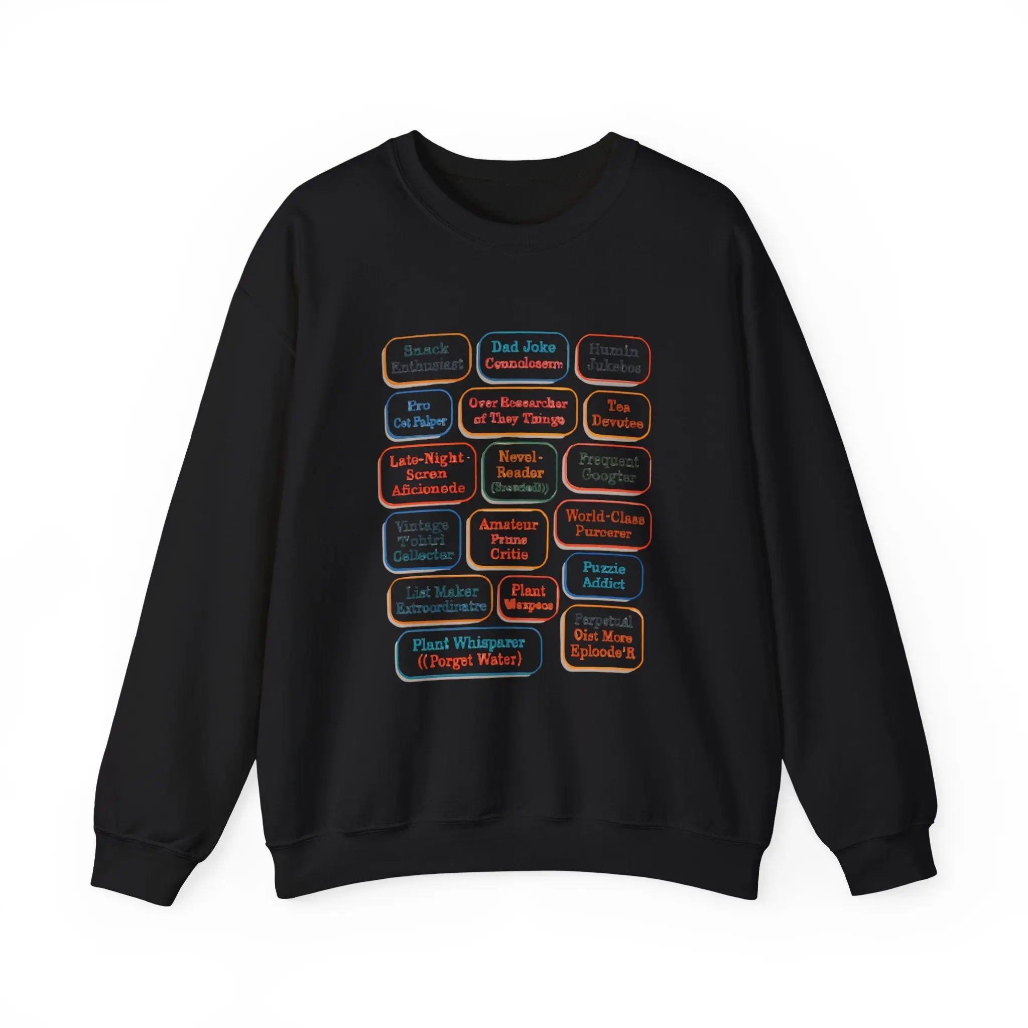 Crewneck Sweatshirt — Retro Name Badge Grid Design Printify