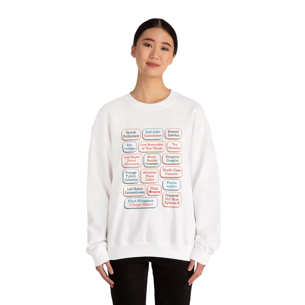 Crewneck Sweatshirt — Retro Name Badge Grid Design Printify