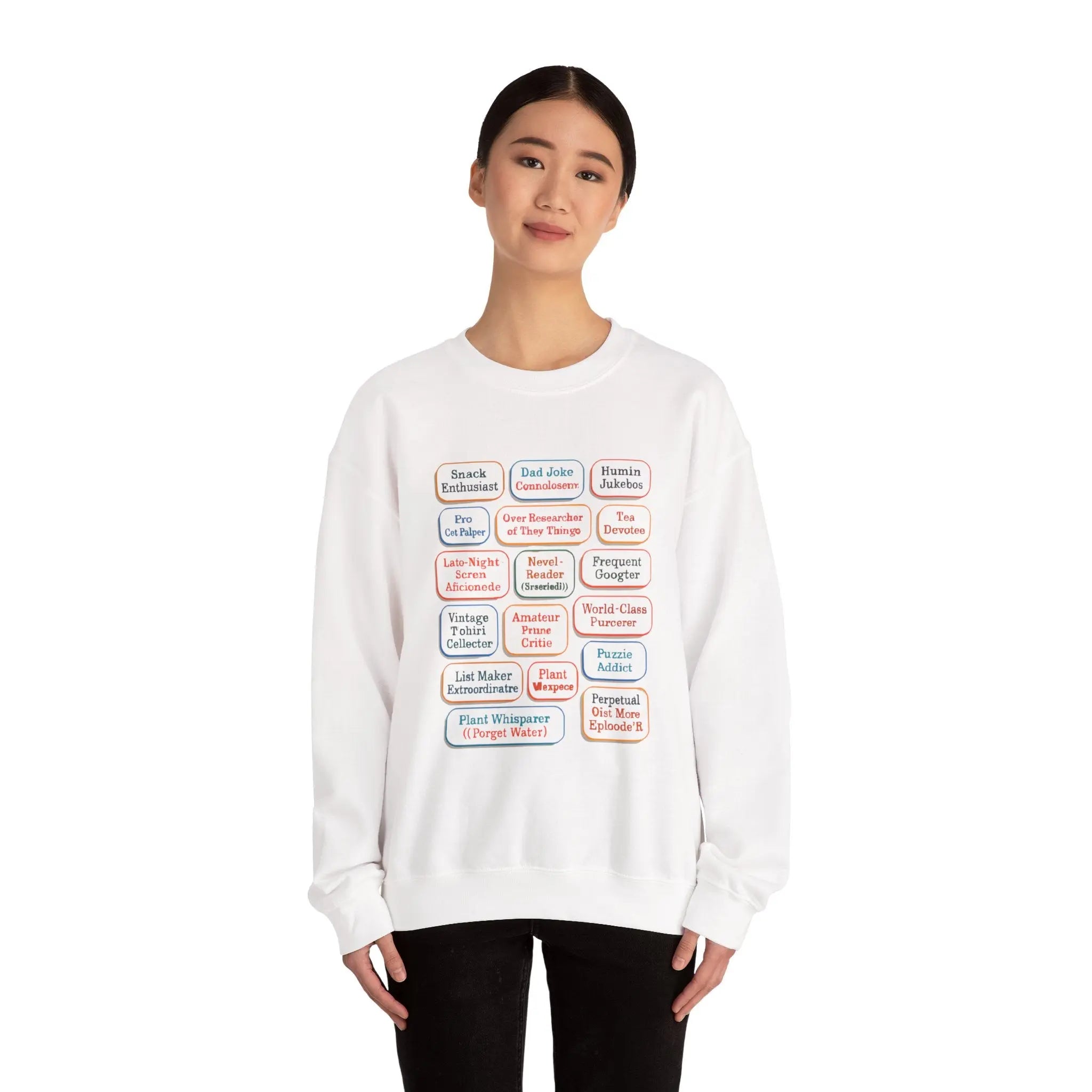 Crewneck Sweatshirt — Retro Name Badge Grid Design Printify