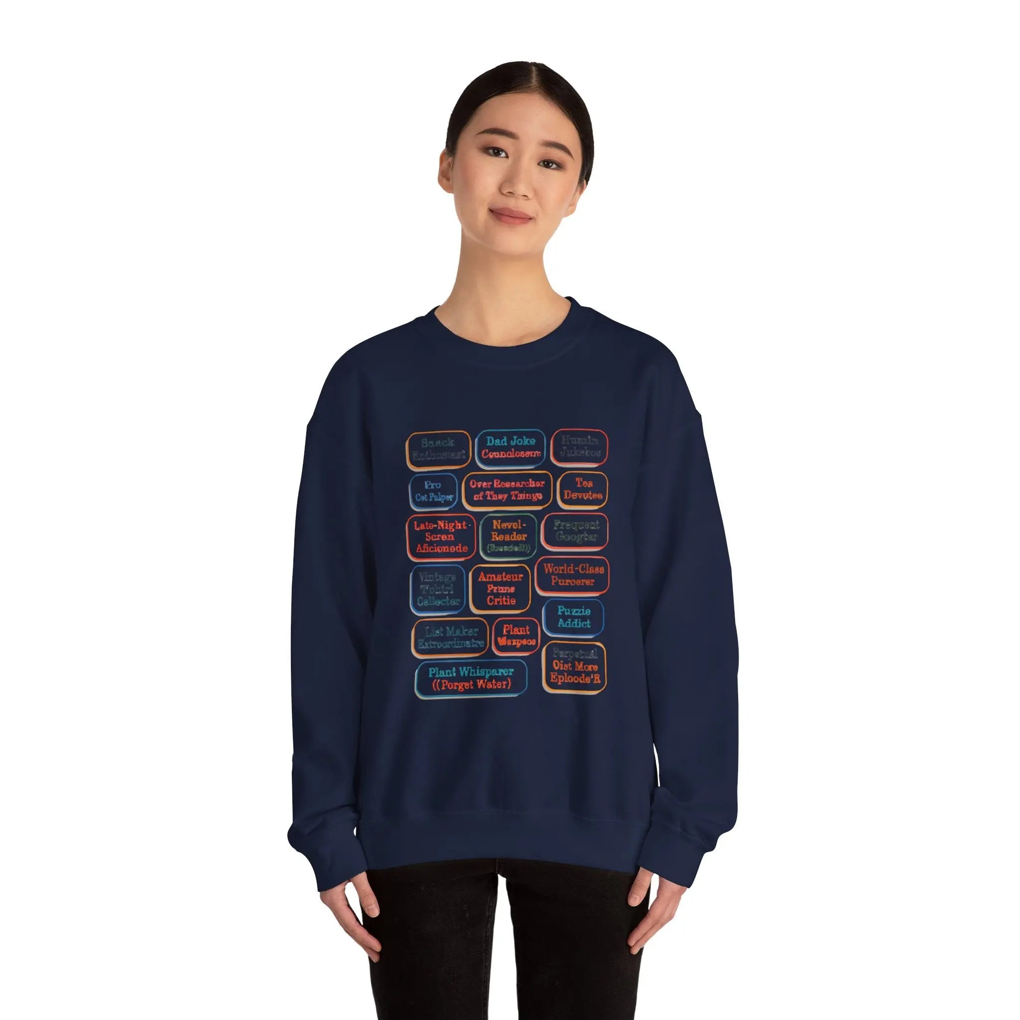 Crewneck Sweatshirt — Retro Name Badge Grid Design Printify