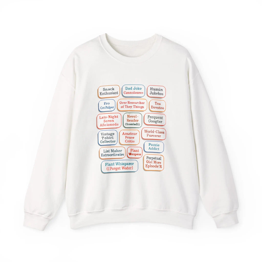 Crewneck Sweatshirt — Retro Name Badge Grid Design Printify