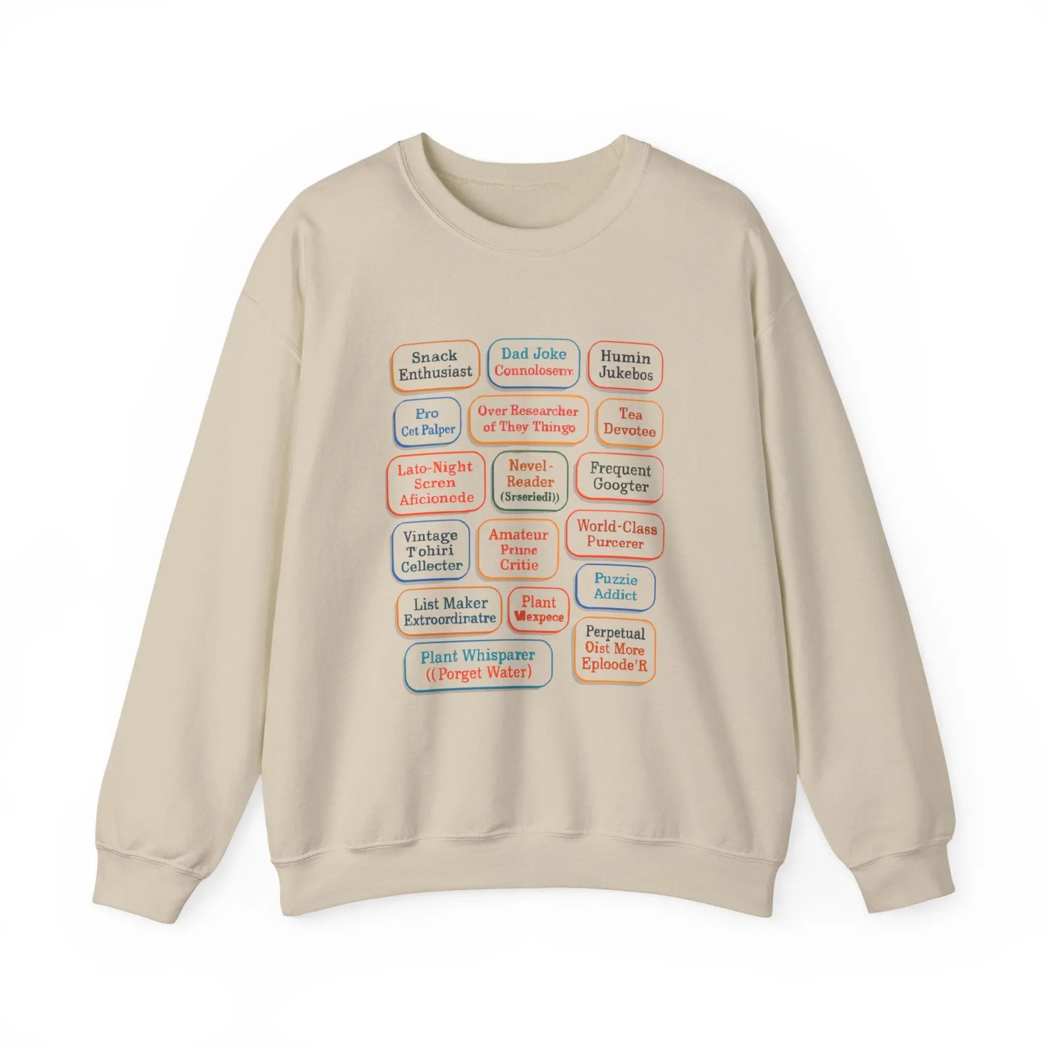 Crewneck Sweatshirt — Retro Name Badge Grid Design Printify