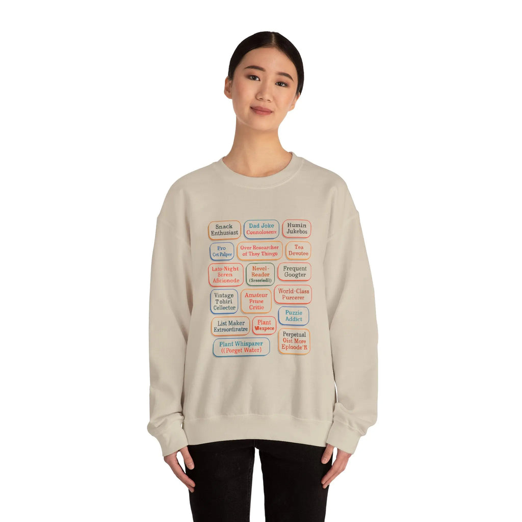 Crewneck Sweatshirt — Retro Name Badge Grid Design Printify
