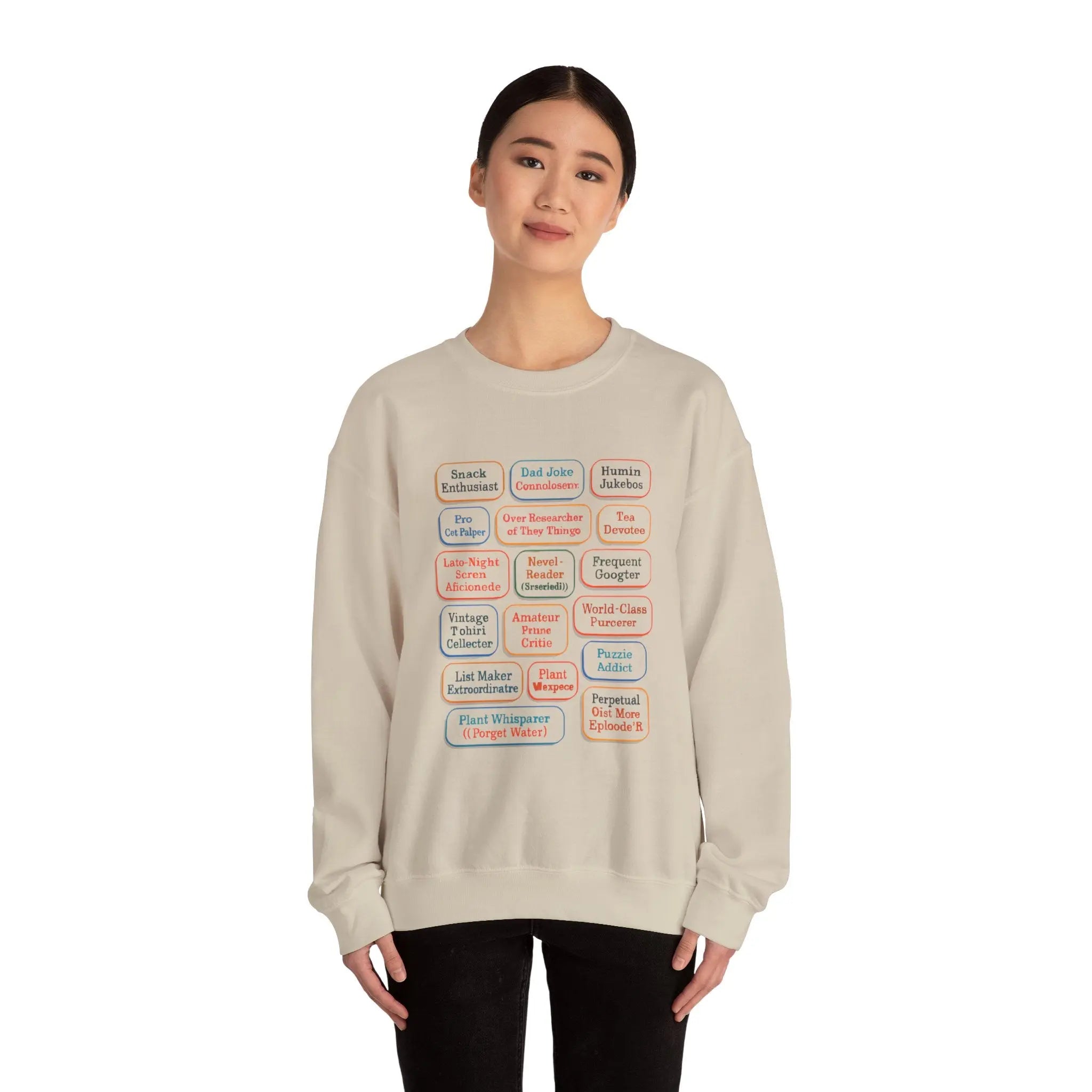 Crewneck Sweatshirt — Retro Name Badge Grid Design Printify